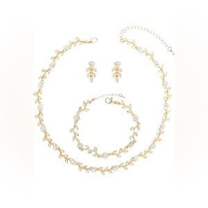 Rhinestone Choker Necklace Dangle Earring Link Bracelet Jewelry Set